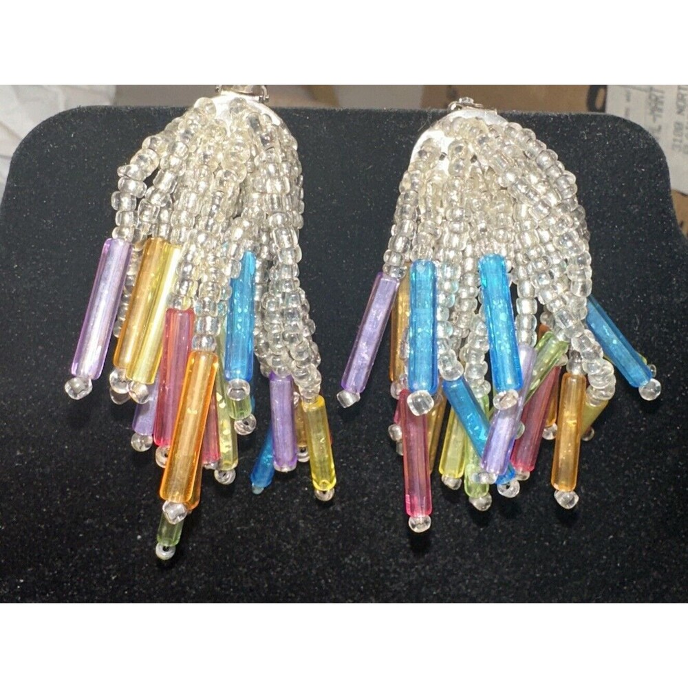 Vintage Silver Tone & Multicolor Tassel Glass Bead Earrings